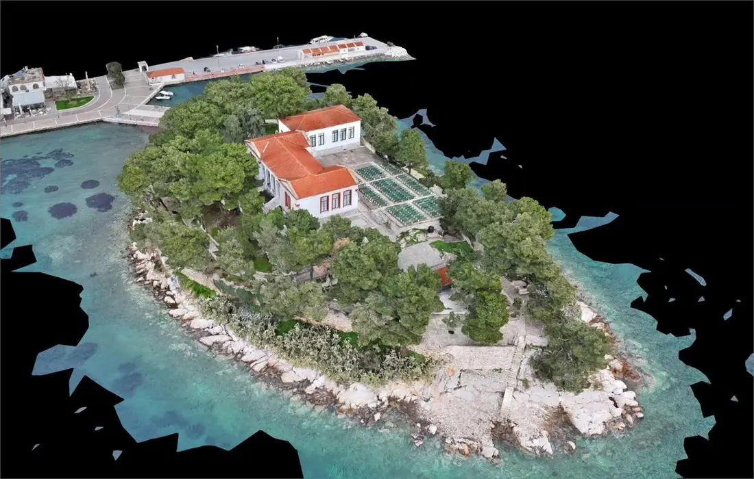 3D μοντέλο νησίδας με σπίτι και δέντρα, από φωτογραμμετρία